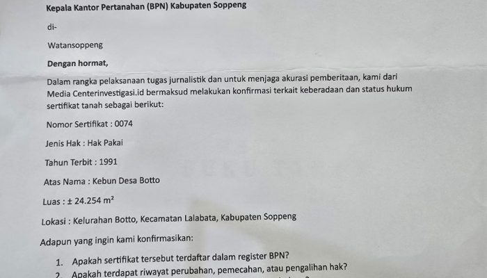 Batas Waktu Terlampaui, BPN Soppeng Sebut Jawaban Masih Disiapkan