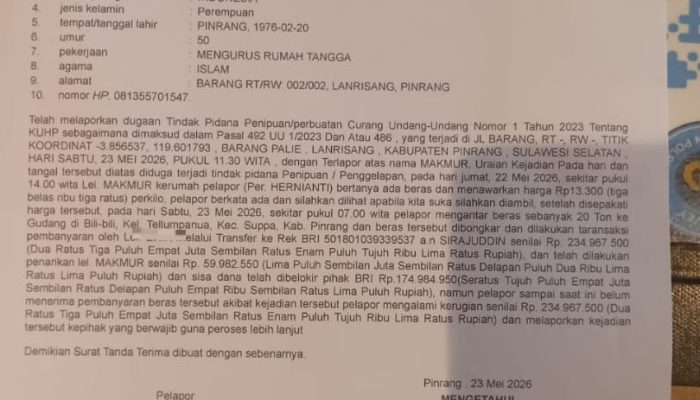 Diduga Tertipu Transaksi Beras Rp234 Juta, Warga Pinrang Lapor ke Polisi