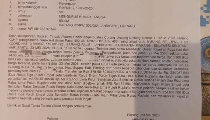 Nomor Terlapor Tidak Aktif, Pelapor Berharap Polres Pinrang Usut Tuntas Kasus Transaksi Beras Rp234 Juta
