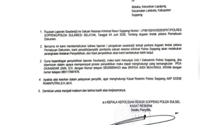 Polres Soppeng Terbitkan SP2HP atas Laporan Dugaan Pemalsuan Dokumen