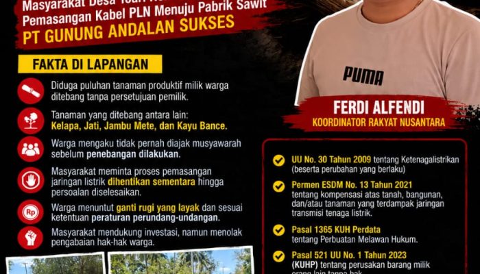 Diduga Tebang Tanaman Warga Tanpa Persetujuan, Masyarakat Blokade Pemasangan Kabel Listrik Menuju PKS PT Gunung Andalan Sukses